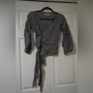 Elegant Black and White Gingham Wrap Blouse